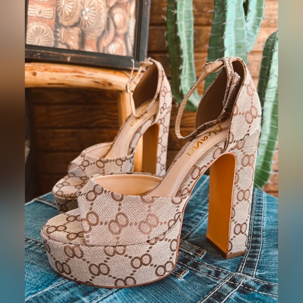 Liliana Platform Ankle-Strap High Heels in Beige Brown